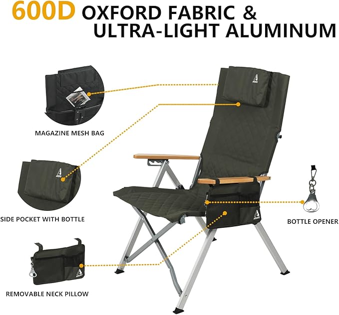 Reclining Camping Chair 2 Pack, Folding Lawn Chairs with 4-Stage Adjustable High Back for Adults Heavy Duty, Compact Foldable Outdoor Patio Recliner Chair with Side Bag(Green)