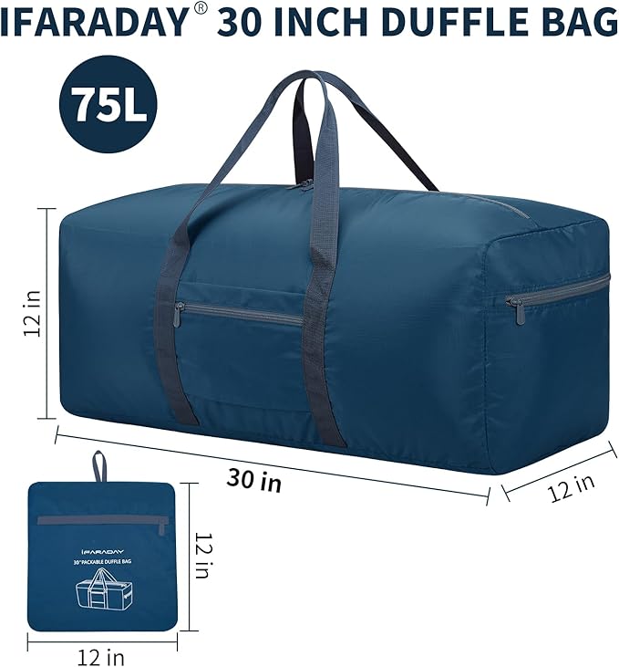 Foldable Duffle Bag for Travel - 75L Large Spare Travel Duffel Bag Lightweight with Trolley Sleeve - Blue