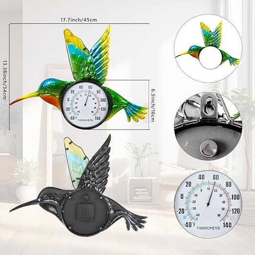 Hummingbird Outdoor Thermometer, 17" Indoor Thermometers with Large Number, Metal Wall Thermometer No Need Battery for Patio Room