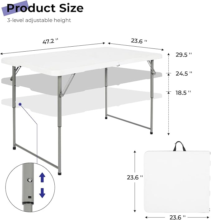 Folding Table 4 Foot Portable Heavy Duty Plastic Fold-in-Half Utility Table Small Indoor Outdoor Adjustable Height Folding with Carrying Handle, Camping and Party,White