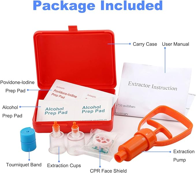 Snake Bite Kit, Bee Sting Kit, Emergency First Aid Supplies, Venom Extractor Suction Pump, Bite and Sting First Aid for Hiking, Backpacking and Camping. Includes Bonus CPR face Shield (Orange)