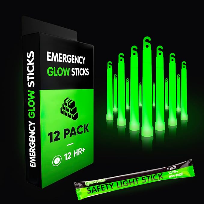 Emergency Glow Sticks with 12 Hours Duration, Individually Wrapped Industrial Grade Glowsticks for Survival Gear, Camping Lights, Power Outages and Military Use
