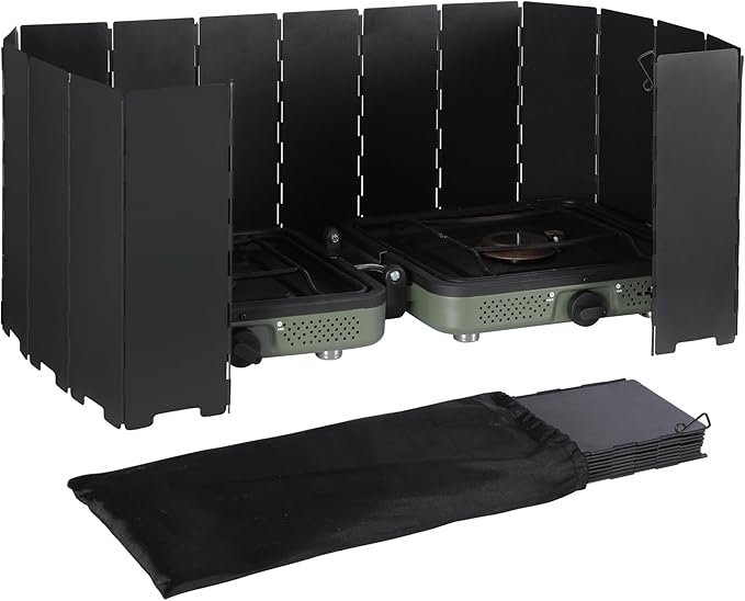 REDCAMP 9.5" High Folding Outdoor Stove Windscreen, 16 Plates Aluminum Camping Stove Windshield with Carrying bag, Lightweight Butane Burner Windshield, Black