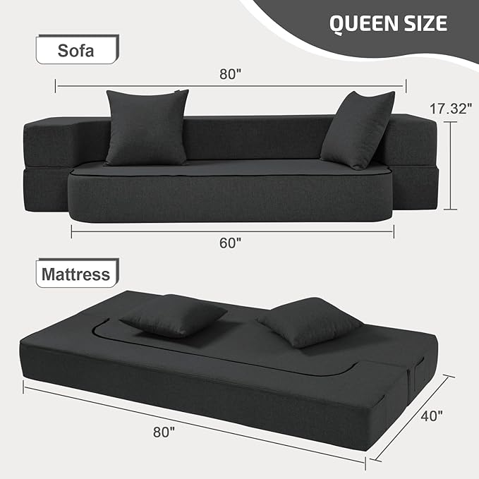 2-in-1 Folding Sofa Bed with Pillows - Folding Chair Floor Couch & Sleeping Mattress - Washable Cover & Memory Foam Sleeper Chair for Living Room/Guest Room/Apartment/Loft, Dark Gray, Twin XL