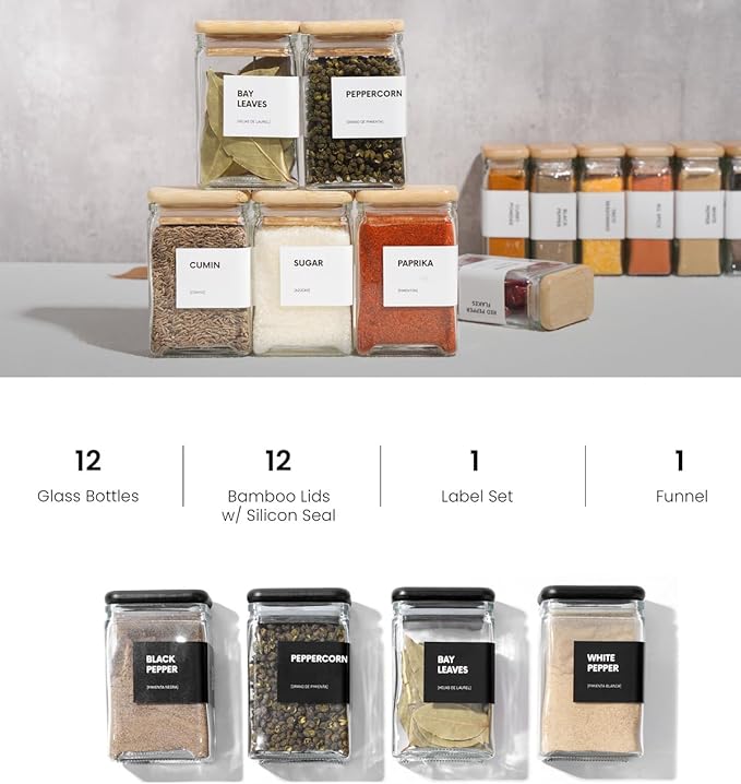 Glass Square Spice Jars with Labels, 4oz Glass Jars with Bamboo Lids, Spice Bottles, Seasoning Organizer, 12 Pack (Black)