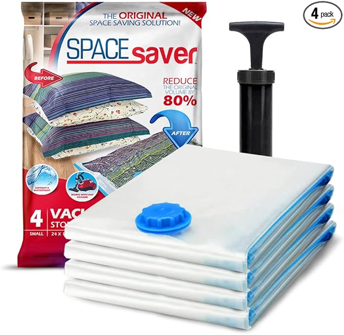 4 Pack Small Vacuum Storage Bags for Comforters, Blankets & Clothes – Vacuum Sealed Compression Bags with Hand Pump – Space Saver Storage Bags for Bedding, Moving, Travel & Organization