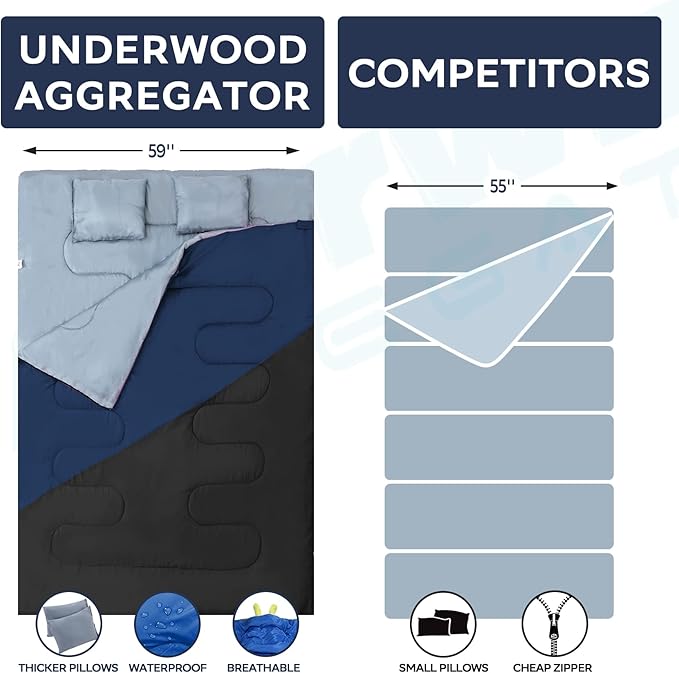 Double Sleeping Bag for Adults Kids - Lightweight 2 Person Sleeping Bag with Pillow, Queen Size Waterproof Camping Sack Two Person for Girls, Boys, Youths, Teens, Compact for Cold Weather & Warm