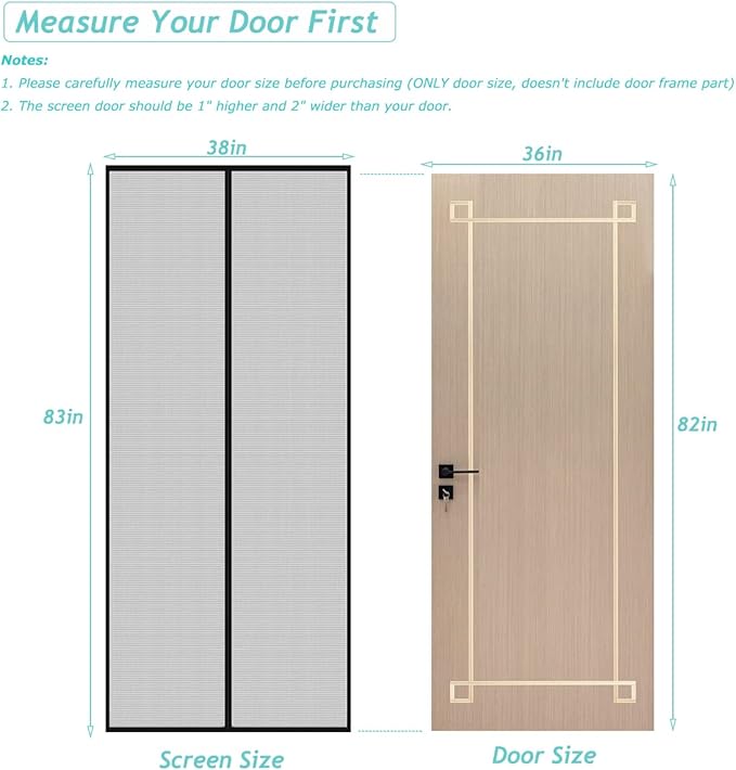 DOOREASY Magnetic Screen Door Size 38" x 83", Heavy Duty Mesh Net Closure with Magnets, Reinforced Polyester Full Frame Door Curtain, Fit Door Size 36 x 82 inch
