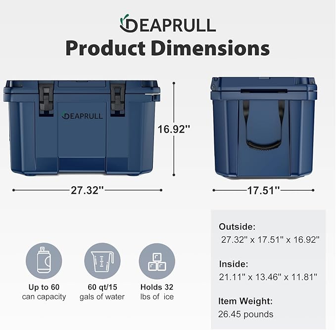 Hard Cooler, Insulated Ice Chest Box Holds Ice for More Days, Portable Cooler with Handle, Cup Holders, Double Latches for Camping Drink, Beach, Picnic, Fishing, Boat, Barbecue