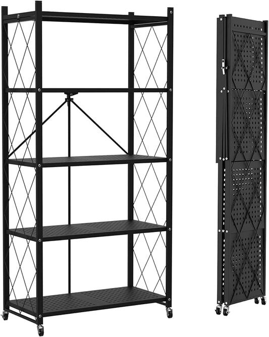 5-Tier Foldable Storage Shelf with Wheels - Metal Collapsible Shelving Unit Display, Rolling Cart for Books Kitchen Storage Shelves, Pantry & Closet Organizer, Office Room Decor - Black