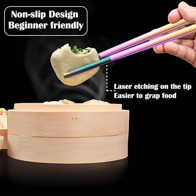 Metal Chopsticks Reusable 1 Pair Stainless Steel Travel Chopsticks Dishwasher Safe Square Lightweight Non-Slip Chop Sticks with case (Colorful Waterdrop Diamond)