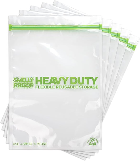 Smelly Proof REUSABLE STORAGE BAGS, Extra Large HEAVY DUTY 5-mils US-Made, BPA FREE, NO PEVA, Dishwasher-Safe Ziplock Reusable Freezer Bags Triple Zip CLEAR FLAT XXL 2-Gallon 12" x 16" - 5pk