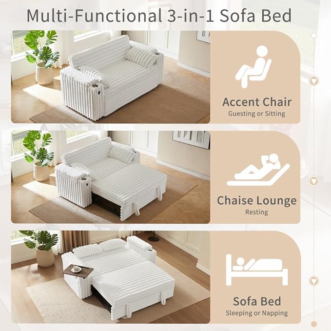 68" Corduroy Convertible Sofa Bed with USB, Storage Armrests & Pillows – 3-in-1 Foldable Sleeper Chair Floor Couch for Living Room, Bedroom, Guest Room (ZY-1109-White)