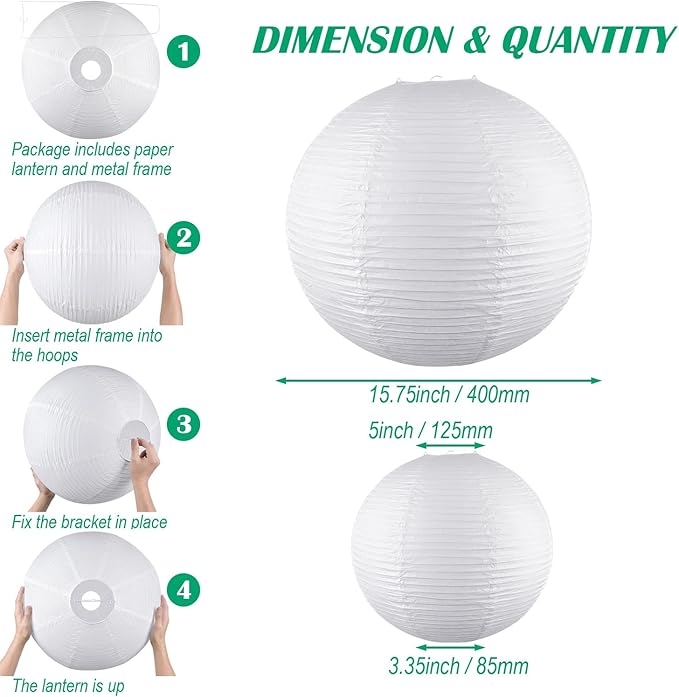White Round Paper Lanterns, 15.75" Large Hanging Paper Lantern Lamp, Chinese/Japanese Paper Lantern Pendant Light for Party Decoration, Wedding, Home Decor Ceiling Lampshade(1 Pack)