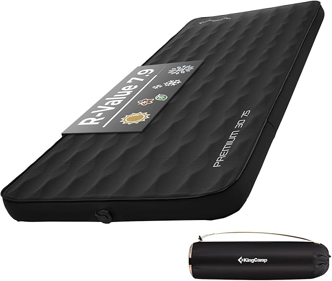 KingCamp Self Inflating Sleeping Pad, R 7.9 Air & Foam Sleeping Pad for Camping, 3" Thick Single Camping Mattress with 3D Sidewalls & Wave Surface Cut for Outdoor Tent Cot Car, PVC Free (Black)
