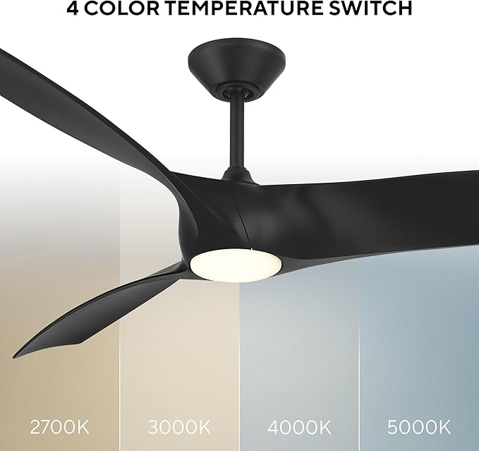 Zephyr Indoor or Outdoor 3-Blade 72in Smart Ceiling Fan in Matte Black with Adjustable CCT 2700-3000-4000-5000K LED Light Kit and Remote Control Compatible with Alexa and iOS or Android App