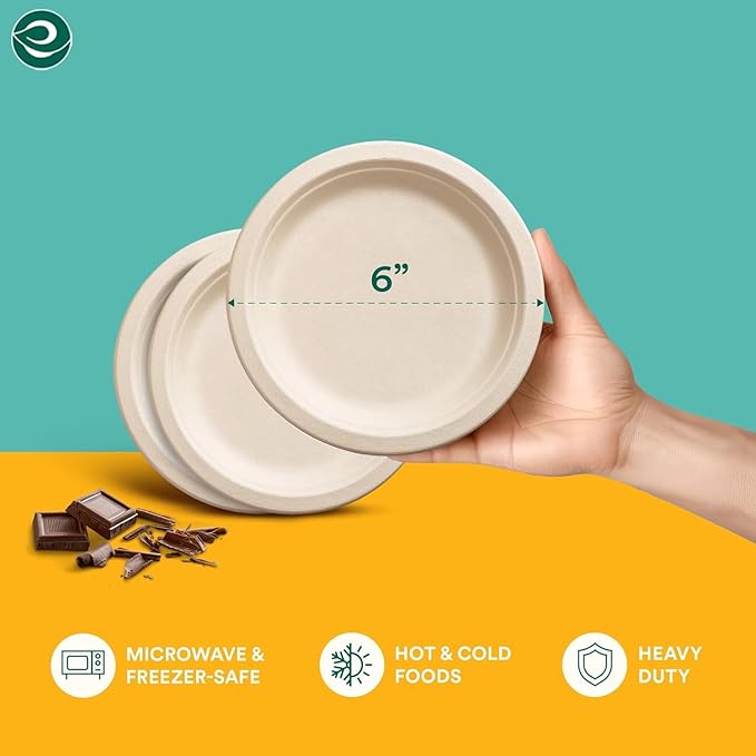 ECO SOUL 100% Compostable 6 Inch Small Paper Plates 1000 [20x50 Pc] Disposable Bulk Party Heavy Duty, Eco-Friendly, Appetizer, Dessert, Wedding Plates I Biodegradable Unbleached Sugarcane Eco Plates