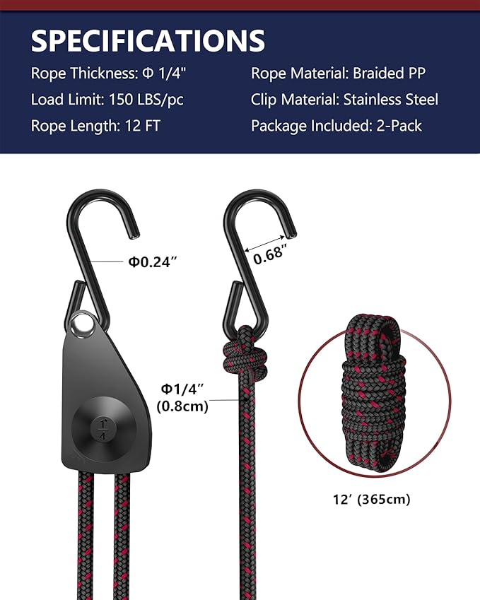 VIPARSPECTRA Ratchet Tie Down Straps, 1/4" Adjustable Rope Hangers [2 Pack, 12FT, 150 lbs/Pack], Heavy Duty Kayak Pulley System with Hooks for Garage Cargo Trucks Tents Grow Lights Various Lashing