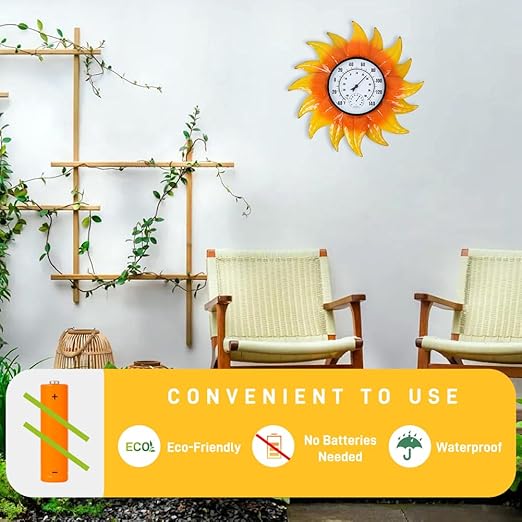 Large Sunflower Outdoor Thermometer No Need Battery, Outdoor Wall Thermometer with Humidity, Outside Thermometer Decorative for Patio, Backyard, Garden, Living Room