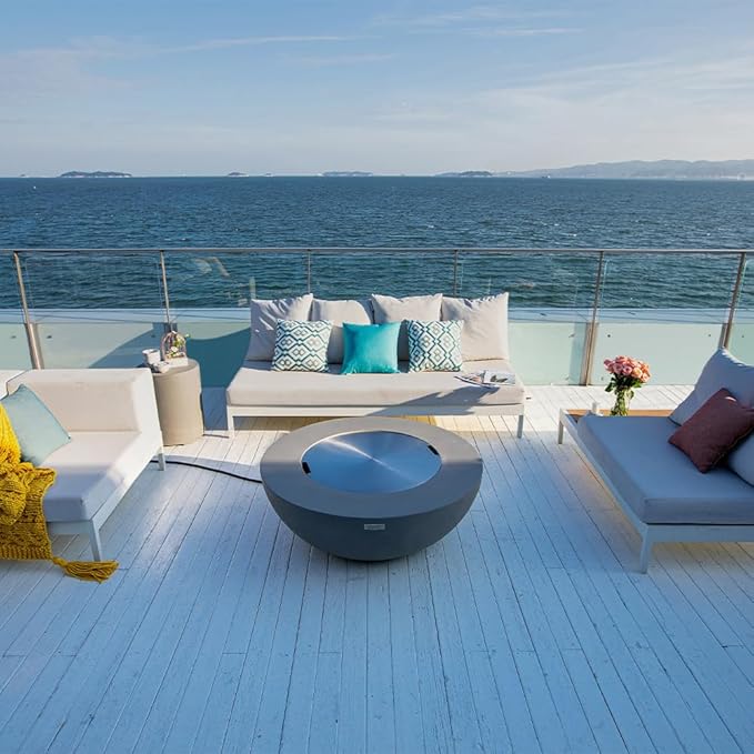 Elementi Lunar Bowl Fire Pit Bundle Outdoor Firepit Set Includes 42” Natural Gas Concrete Firepit, Glass Windscreen, Stainless Steel Cover, Canvas Cover, Floor Mat, Hammock, Beverage Tub