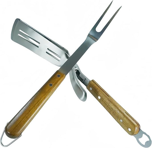 Grill Utensils Set -Innovative 2 in 1 Grill Tongs-Spatula & Barbecue Meat Forks with Long Wooden Handle for Outdoor Grilling,Cooking and Griddling