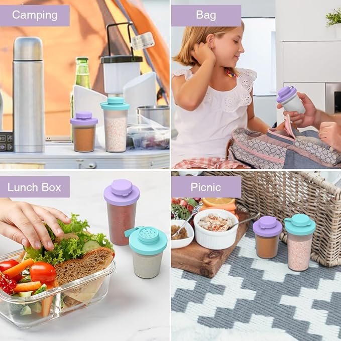 Sophico Small Salt and Pepper Shakers Set with Moisture Proof Sinlicone Lids, 4.5oz Mini Spice Shaker to go for Camping Travel Picnic Lunch Boxes (purple & blue, Medium & Large)
