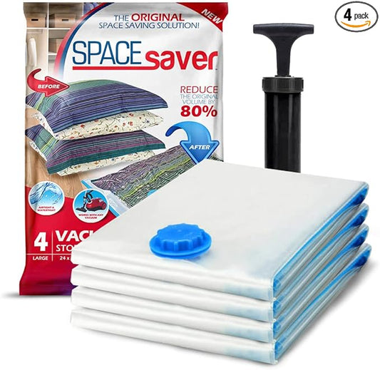 4 Pack Large Vacuum Storage Bags for Comforters, Blankets & Clothes – Vacuum Sealed Compression Bags with Hand Pump – Space Saver Storage Bags for Bedding, Moving, Travel & Organization