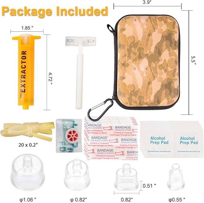 Snake Bite Kit, Bee Sting Kit, Emergency First Aid Supplies, Venom Extractor Suction Pump, Bite and Sting First Aid for Hiking, Backpacking and Camping. Includes Bonus CPR face Shield (Camouflage)