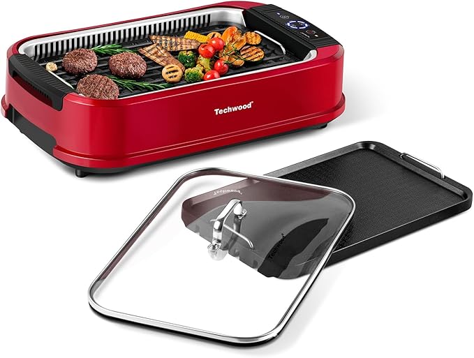 Indoor Smokeless Grill, Techwood 1500W Electric Indoor Grill with Tempered Glass Lid, Portable Non-stick BBQ Korean Grill, Turbo Smoke Extractor Technology, Drip Tray& Double Removable Plate, Red