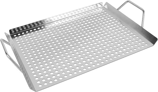 11 x 14 Inch Nonstick Grill Tray with Handles,Perforated Stainless Steel Grill Pans for Outdoor Grill,Heavy Duty Grilling Accessories for Charcoal/Gas Grills,Easy to Use and Clean