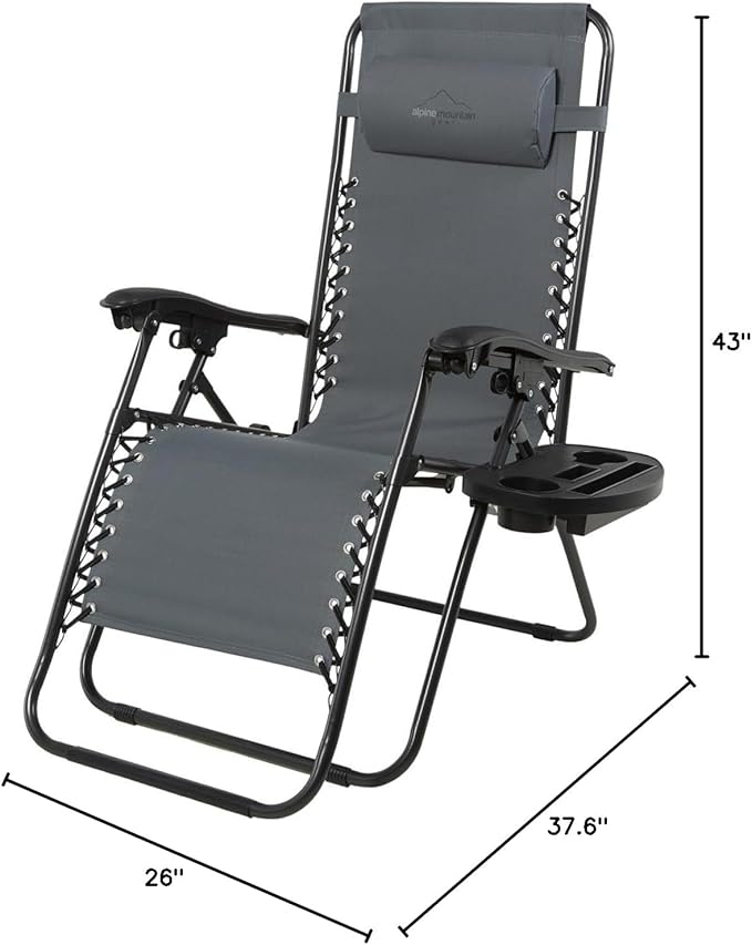 Heavy Duty Zero Gravity Chair with Adjustable Reclining, Extra Large Side Table, Gray 600D Polyester, Powder-Coated Steel Frame, 300 lbs Capacity