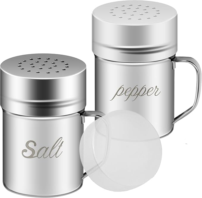 Stainless Steel Salt and Pepper Shakers Set, 6 OZ Seasoning Spice Shaker with Lid and Handle Medium Holes, Metal Dredge Shaker for Powder Sugar Cooking Kitchen Baking (2 Pieces)