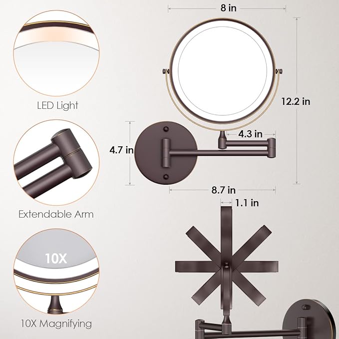 Rocollos Rechargeable Wall Mounted Lighted Makeup Mirror, 8 Inch Double-Sided LED Vanity Mirror 1X/10X Magnification,3 Color Lights Touch Screen Dimmable 360°Swivel 13 Inch Extendable