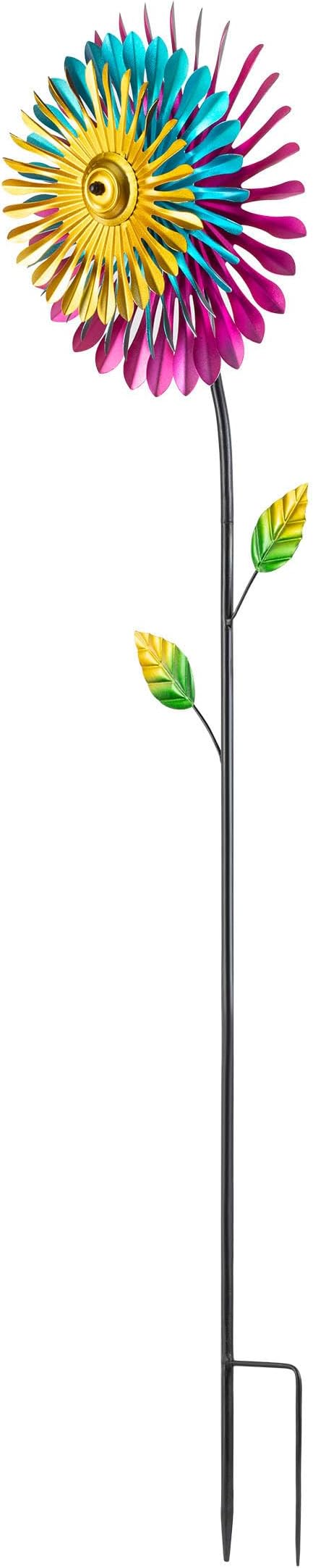 Alpine Corporation 47" Tall Outdoor Metal Windmill Triple Spinner Garden Stake Yard Decoration, Daisy