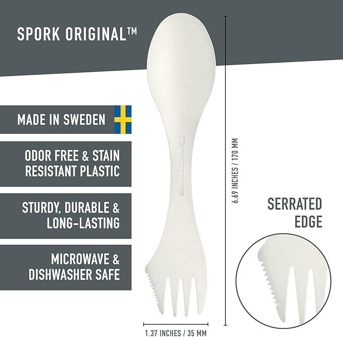 Light My Fire Spork Original 4-Pack 3-in-1 Camping Spoon Fork Knife Combo Reusable Travel & Camping Utensils Lunch Spork Outdoor Backpacking Hiking Picnic Utensil BPA Free, Cream