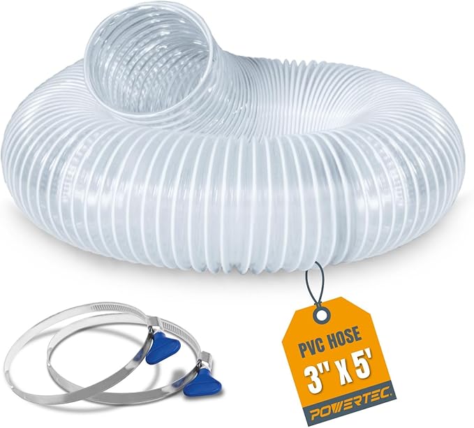 POWERTEC 3" x 5' PVC Flexible Dust Collection Hose with 2pcs Stainless Steel Key Hose Clamps for Table Saw, Planer, CNC Machine, Radial Arm Saw, Woodworking & Wood Shop Dust Collection System (70392)