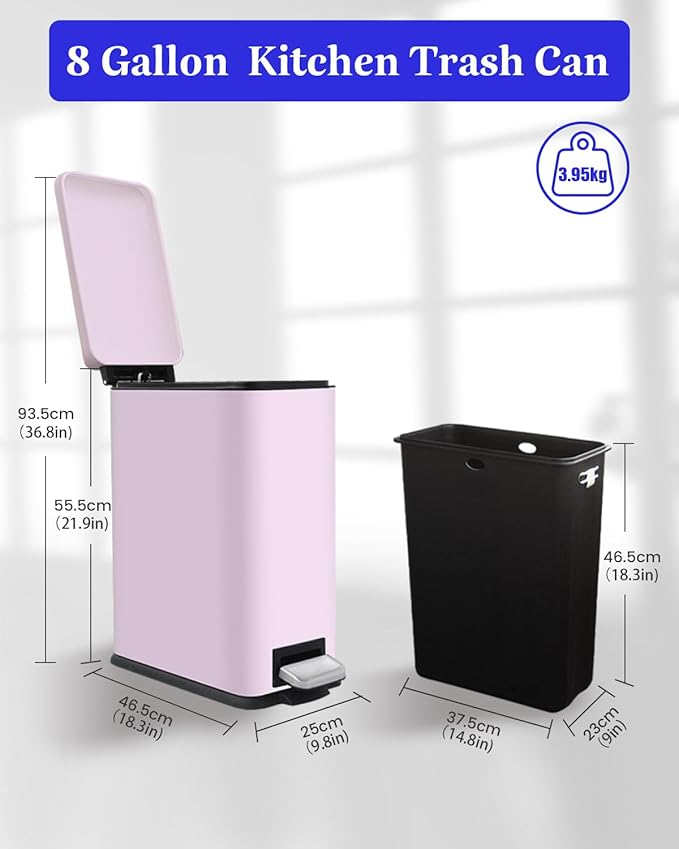 8 Gallon Step On Trash Can with Soft-Close Lid, Stainless Steel Garbage Can Fingerprint Resistant with Removal Inner Bucket, Modern Pink Trash Can for Home, Kitchen, Laundry Room, Office, Bathroom