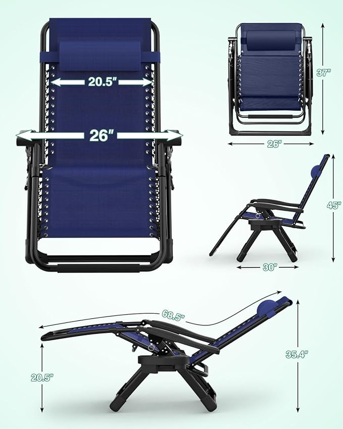 ZENPETIO Zero Gravity Lounge Chair, Foldable Outdoor Recliner with Detachable Cushion, Portable Anti Gravity Lounger for Camping, Patio, Poolside, Lawn - Royal Blue