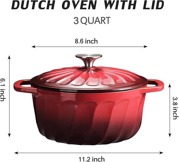 Enameled Cast Iron Dutch Oven with Lid, 3 QT Dutch Oven Pot for Bread Baking, Heavy Duty Cast Iron Pot for Braising, Cook, Bake, Oven Safe across All Cooktops (Gradient Red,3 QT)