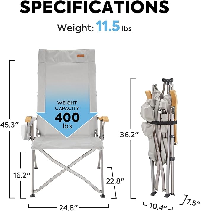ICECO Adjustable Camping Chairs for Adults, Foldable High Back Camping Chair, Portable Folding Chairs for Outside, Reclining Outdoor Chair with Storage Bag, 400LBS, 10 Years Warranty