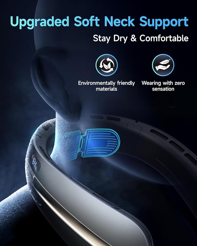 SWEETFULL Neck Fan, 3 Turbo Portable Fans with Neck Support, 4 Speed & LED Display, 5200mAh Rechargeable Personal Fan, Hand-Free Wearable Bladeless Cooler, Gift for Travel Birthday, Men, Women (Black)