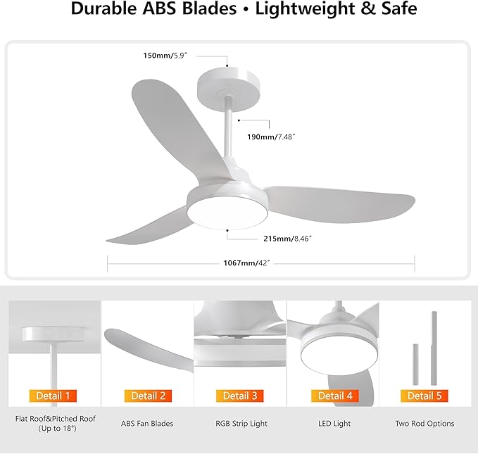 42 Inch Ceiling Fan with Light and Remote, Modern 3 Blade DC Motor Quiet Fan, Dimmable RGB LED, Reversible ABS Blades, for Bedroom Living Room, White (White)