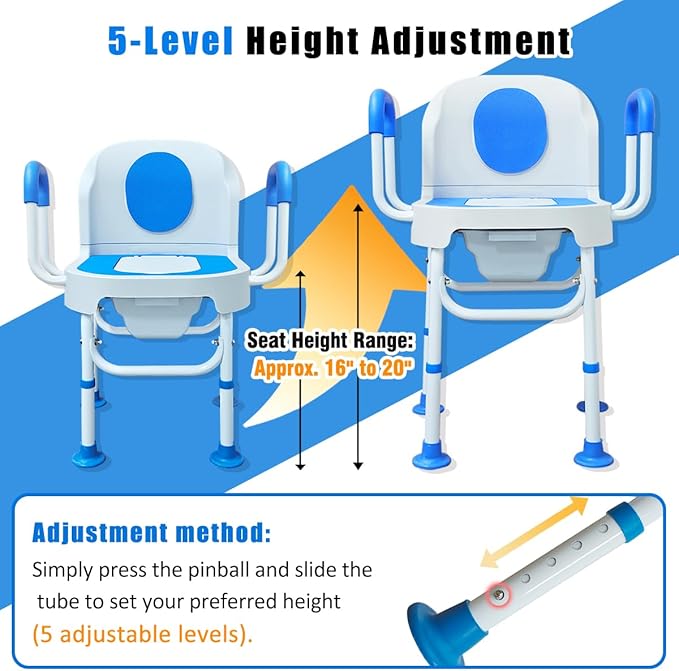 Lumizone Portable Toilet Chair for Elderly Adjustable Bedside Commode with Armrests & Sliding Bucket 5-Level Height Odor-Proof Double Lid Non-Slip Feet Supports 220 lbs, Lightweight for Home/Travel