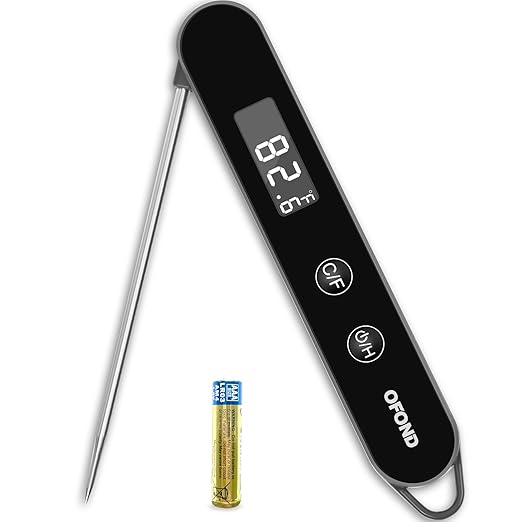 Meat Thermometer Digital for Cooking and Grilling,Instant Read Food Thermometer with Battery,Folding Accurate Probe Kitchen Thermometer for BBQ,Backlit LCD,Store by Magnet and Hook (Black)