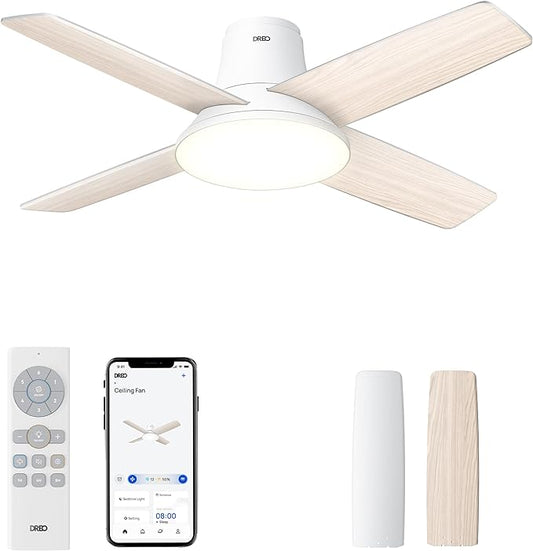 Dreo Ceiling Fans with Lights, 12 Speeds & 3 Fan Modes, Quiet DC Motor, Low Profile Easy to Install, Flush Mount Smart Ceiling Fan with Dimmable LED, 12H Timer for Bedroom, Remote, White, 44''