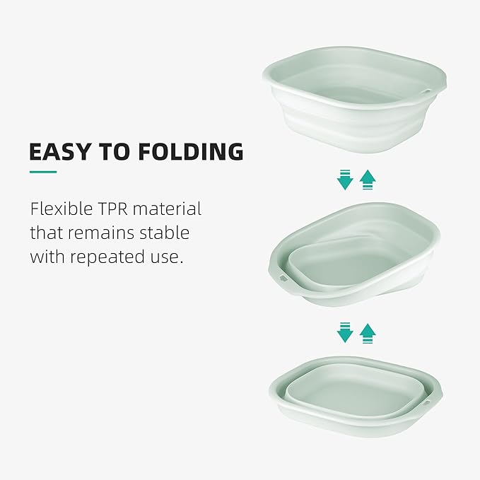 2 Pack Collapsible Wash Basin Set, Foldable Dish Tub, Small Medium Portable Sink for Kitchen, Camping, RV, Baby Bottles, Laundry, Plastic Washbasin -Green