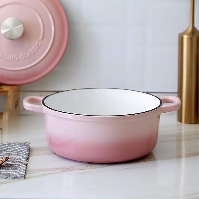 Enameled Cast Iron Covered Dutch Oven with Lid Round Pot for Bread Baking, 7 Quart, Pink