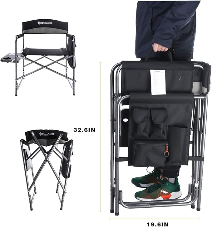 KingCamp Camping Foldable Padded Director Arm Chair with Side Table and Pocket, Grey