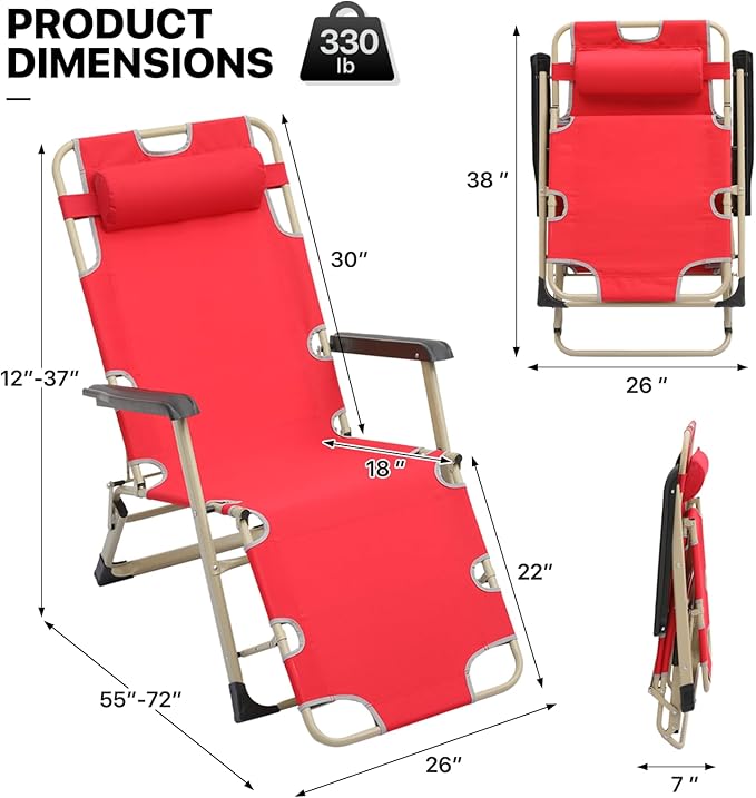 MoNiBloom 3-Position Folding Reclining Patio Chair Set of 2, Patio Lounger Folding Chairs with Adjustable Backrest and Headrest for Backyard Poolside Lawn, 330lbs Capacity