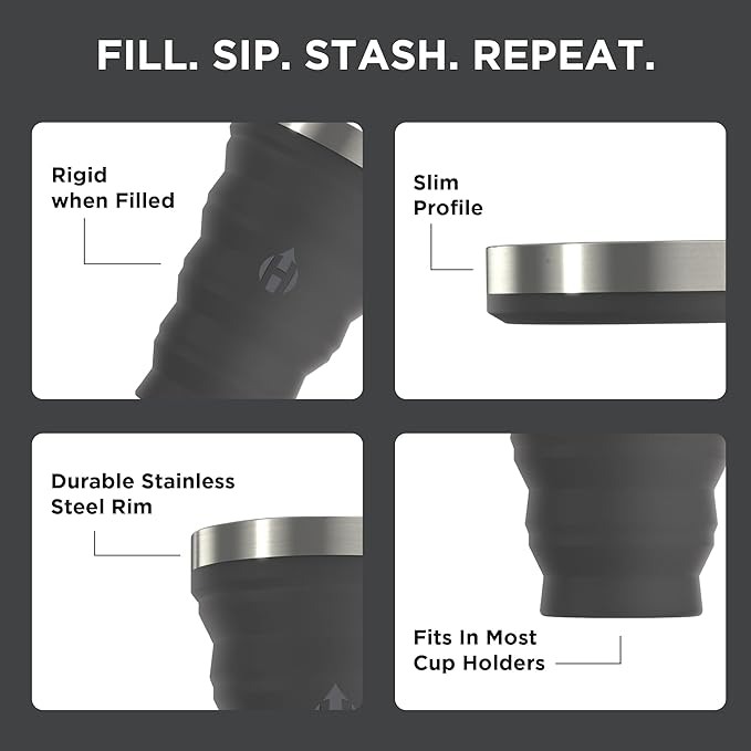 HYDAWAY 16oz Collapsible Pint - BPA-Free Silicone Cup with Stainless Steel Rim - Reusable, Packable, and Durable for Camping, Travel & Everyday Use